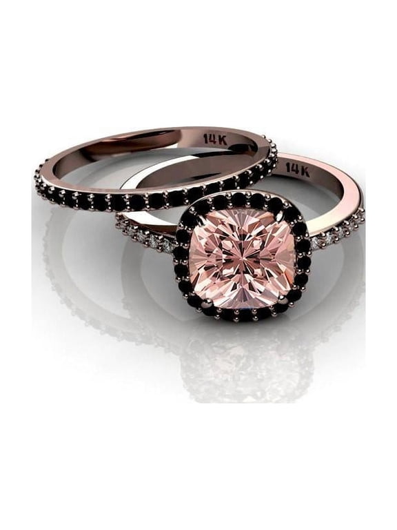 2.55 Carat 7mm Cushion Cut Morganite Ring with Black Diamond Moissanite Halo Bridal Set with 18k Gold Plating