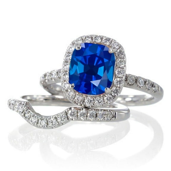 2.55 Carat 7mm Cushion Cut Unique Sapphire And Moissanite Diamond Bridal Ring Set on 10k White Gold