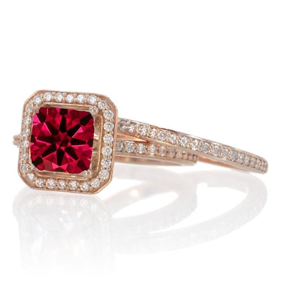 2.55 Carat Beautiful Ruby 7mm Cushion Cut And Moissanite Diamond Halo Wedding Ring Set On 10K White Gold, Promise Ring, Anniversary Gift