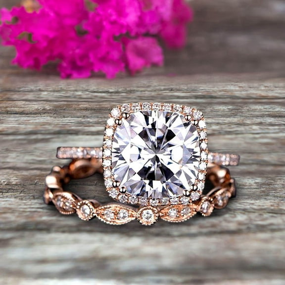 2.55 carat Classic Cushion Moissanite Diamond wedding Bands Engagement Ring on 10k Rose Gold