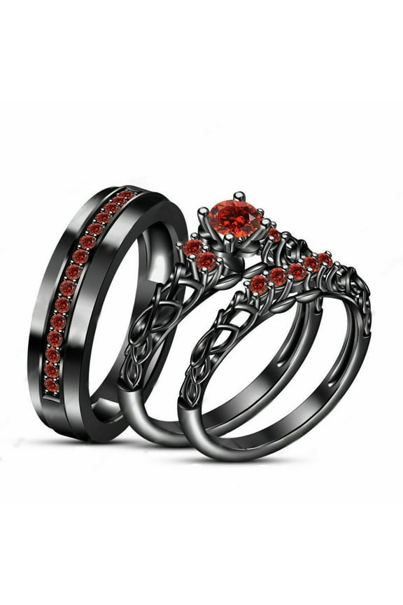 2.55ct Round Cut Red Garnet His & Her Trio Wedding Ring Set 14K Black Gold Plated -4