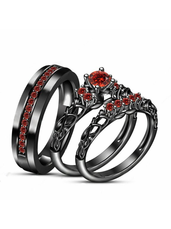 2.55ct Round Cut Red Garnet His & Her Trio Wedding Ring Set 14K Black Gold Plated -8