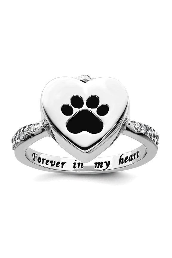 2.55mm 925 Sterling Silver Rhodium Plated Enameled CZ Love Heart Dog Cat Pet Paw Print Ash Holder Ring Size 8 Statement