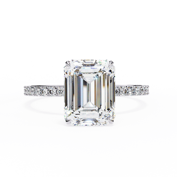 2.56 Carat Emerald Cut Lab Created Diamond 10k White Gold With Hidden Halo Engagement Ring, Pave Set Engagement Promise Ring For Bride