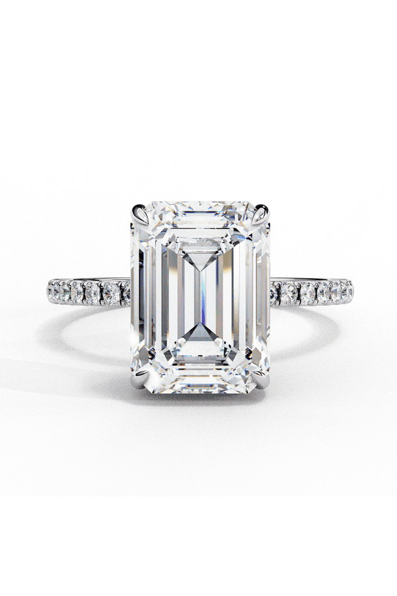 2.56 Carat Emerald Cut Lab Grown Diamond 4 Prong Wedding Ring, 10k White Gold Engagement Ring, Pave Set Anniversary Propose Ring For Women