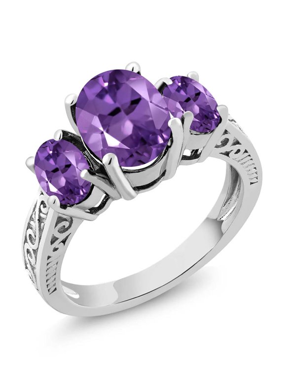 2.56 Ct Oval Purple VS Amethyst 925 Sterling Silver 3-Stone Ring