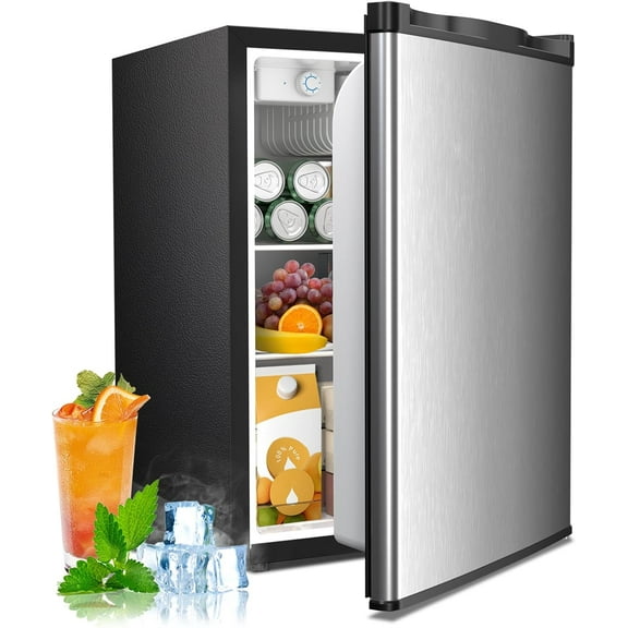 2.56 Cu.Ft. Mini Fridge with Freezer, Small Refrigerators with Adjustable Thermostat, Low Noise, Energy Saving, Compact Refrigerators for College Dorm, Office, Bedroom, Stainless Steel
