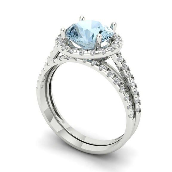 2.56 ct Brilliant Round Cut Blue Zircon 18k White Gold Halo Solitaire with Accents Engagement Bridal Wedding Ring Band Set