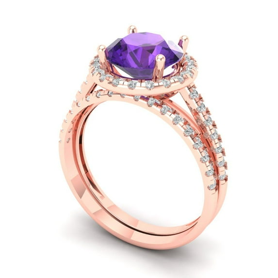2.56 ct Brilliant Round Cut Natural Amethyst 18K Rose Gold Halo Solitaire with Accents Engagement Bridal Wedding Ring Band Set size 11