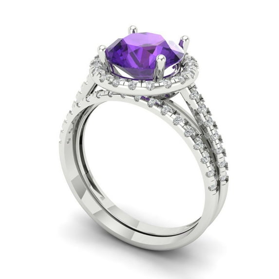 2.56 ct Brilliant Round Cut Natural Amethyst 18K White Gold Halo Solitaire with Accents Engagement Bridal Wedding Ring Band Set size 4.25