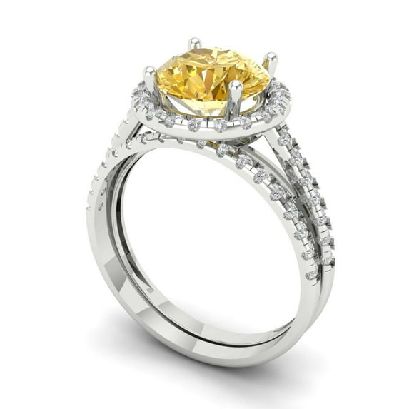 2.56 ct Brilliant Round Cut Natural Citrine 18K White Gold Halo Solitaire with Accents Engagement Bridal Wedding Ring Band Set size 6.25