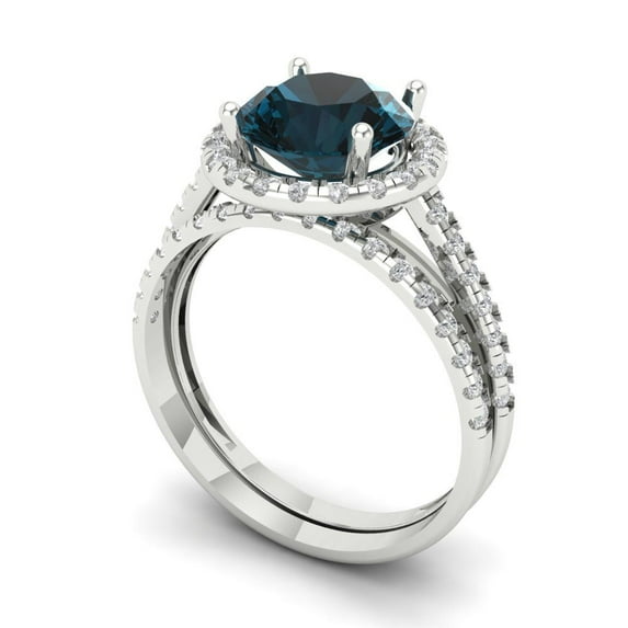 2.56 ct Brilliant Round Cut Natural London Blue Topaz 18K White Gold Halo Solitaire with Accents Engagement Bridal Wedding Ring Band Set size 5.25