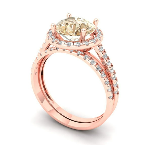 2.56 ct Brilliant Round Cut Natural Morganite 18K Rose Gold Halo Solitaire with Accents Engagement Bridal Wedding Ring Band Set size 9.5