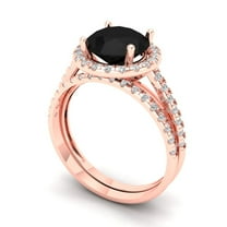 2.56 ct Brilliant Round Cut Natural Onyx 14k Rose Gold Halo Solitaire with Accents Engagement Bridal Wedding Ring Band Set size 6.25