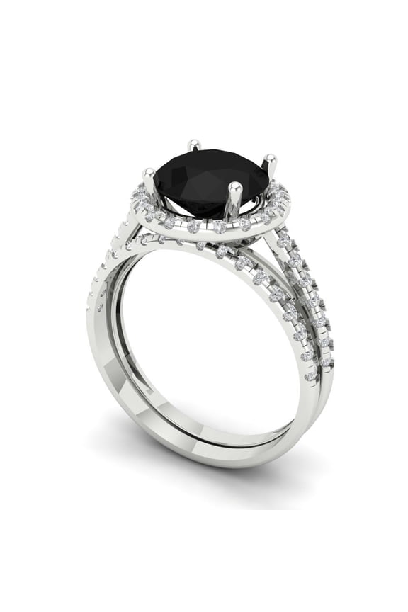 2.56 ct Brilliant Round Cut Natural Onyx 14k White Gold Halo Solitaire with Accents Engagement Bridal Wedding Ring Band Set size 4.5