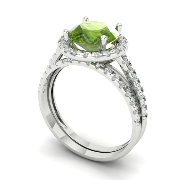 2.56 ct Brilliant Round Cut Natural Peridot 18K White Gold Halo Solitaire with Accents Engagement Bridal Wedding Ring Band Set size 3.75