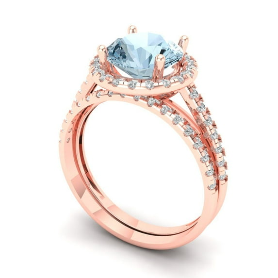2.56 ct Brilliant Round Cut Natural Sky Blue Topaz 14k Rose Gold Halo Solitaire with Accents Engagement Bridal Wedding Ring Band Set size 11