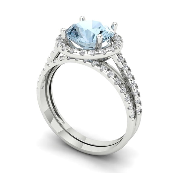 2.56 ct Brilliant Round Cut Natural Swiss Blue Topaz 14k White Gold Halo Solitaire with Accents Engagement Bridal Wedding Ring Band Set size 4
