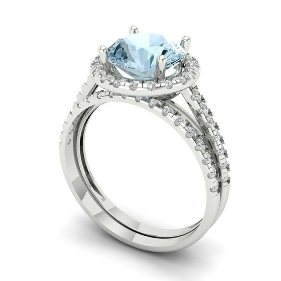 2.56 ct Brilliant Round Cut Natural Swiss Blue Topaz 18K White Gold Halo Solitaire with Accents Engagement Bridal Wedding Ring Band Set size 6.5