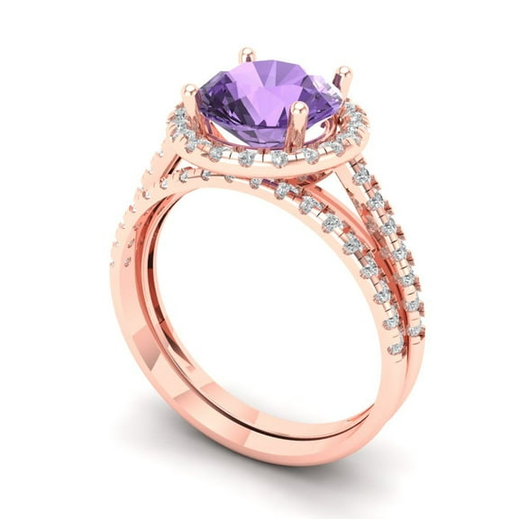 2.56 ct Brilliant Round Cut Alexandrite 14k Rose Gold Halo Solitaire with Accents Engagement Bridal Wedding Ring Band Set size 5.75