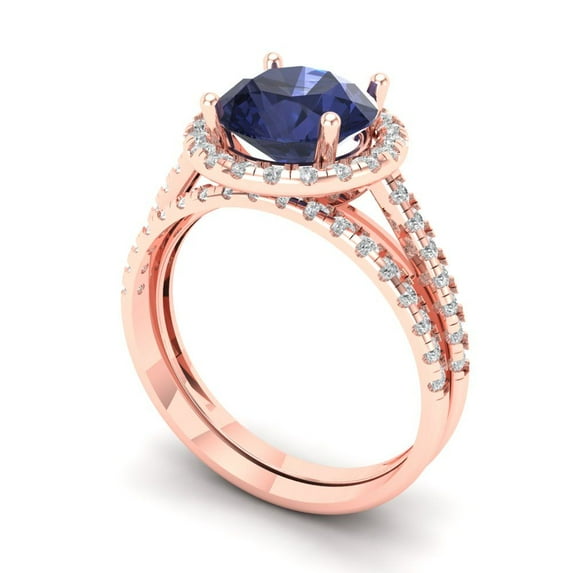 2.56 ct Brilliant Round Cut Blue Sapphire 14k Rose Gold Halo Solitaire with Accents Engagement Bridal Wedding Ring Band Set size 4.75