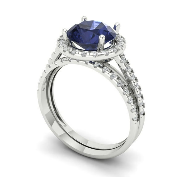 2.56 ct Brilliant Round Cut Blue Sapphire 18K White Gold Halo Solitaire with Accents Engagement Bridal Wedding Ring Band Set size 9.75