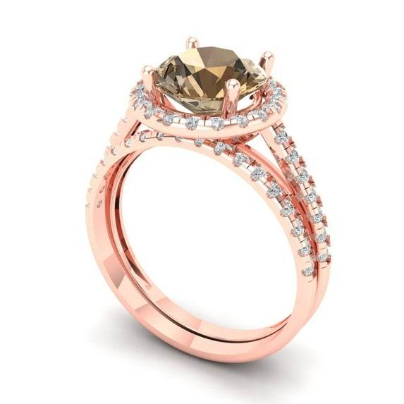 2.56 ct Brilliant Round Cut Champagne 14k Rose Gold Halo Solitaire with Accents Engagement Bridal Wedding Ring Band Set size 6.25
