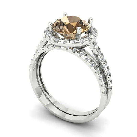 2.56 ct Brilliant Round Cut Champagne 18K White Gold Halo Solitaire with Accents Engagement Bridal Wedding Ring Band Set size 5.25