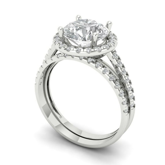 2.56 ct Brilliant Round Cut Zircon 14k White Gold Halo Solitaire with Accents Engagement Bridal Wedding Ring Band Set size 3.75