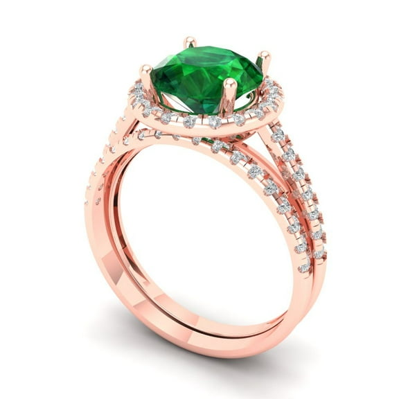 2.56 ct Brilliant Round Cut Emerald 14k Rose Gold Halo Solitaire with Accents Engagement Bridal Wedding Ring Band Set size 10.25
