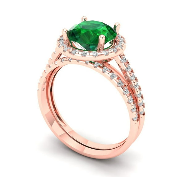 2.56 ct Brilliant Round Cut Emerald 14k Rose Gold Halo Solitaire with Accents Engagement Bridal Wedding Ring Band Set size 9.75