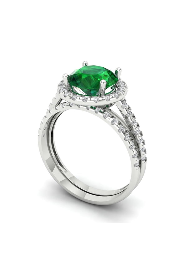 2.56 ct Brilliant Round Cut Emerald 18K White Gold Halo Solitaire with Accents Engagement Bridal Wedding Ring Band Set size 3.5