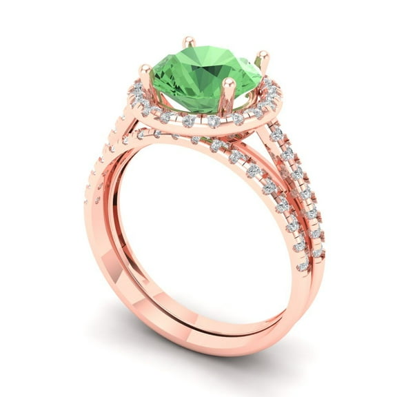2.56 ct Brilliant Round Cut Green Zircon 18K Rose Gold Halo Solitaire with Accents Engagement Bridal Wedding Ring Band Set size 6.5
