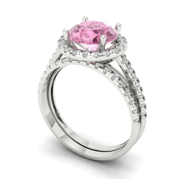 2.56 ct Brilliant Round Cut Pink Zircon 18K White Gold Halo Solitaire with Accents Engagement Bridal Wedding Ring Band Set size 10