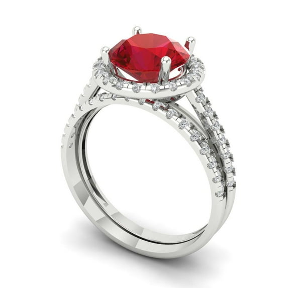 2.56 ct Brilliant Round Cut Ruby 18K White Gold Halo Solitaire with Accents Engagement Bridal Wedding Ring Band Set size 9