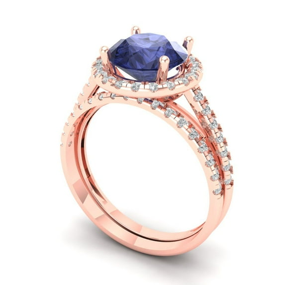 2.56 ct Brilliant Round Cut Tanzanite 14k Rose Gold Halo Solitaire with Accents Engagement Bridal Wedding Ring Band Set size 9.75