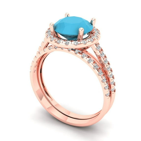 2.56 ct Brilliant Round Cut Turquoise 18K Rose Gold Halo Solitaire with Accents Engagement Bridal Wedding Ring Band Set size 5.25