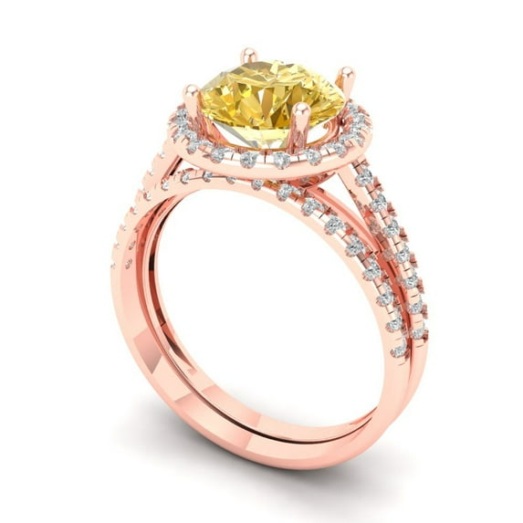 2.56 ct Brilliant Round Cut Yellow Zircon 18K Rose Gold Halo Solitaire with Accents Engagement Bridal Wedding Ring Band Set size 11
