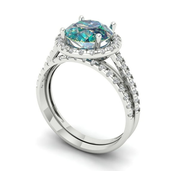 2.56 ct Brilliant Round Cut Blue Moissanite 18K White Gold Halo Solitaire with Accents Engagement Bridal Wedding Ring Band Set size 4.25