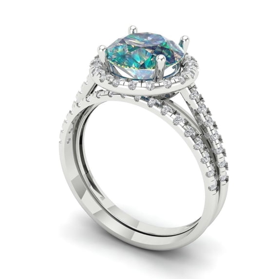 2.56 ct Brilliant Round Cut Blue Moissanite 18K White Gold Halo Solitaire with Accents Engagement Bridal Wedding Ring Band Set size 9.5