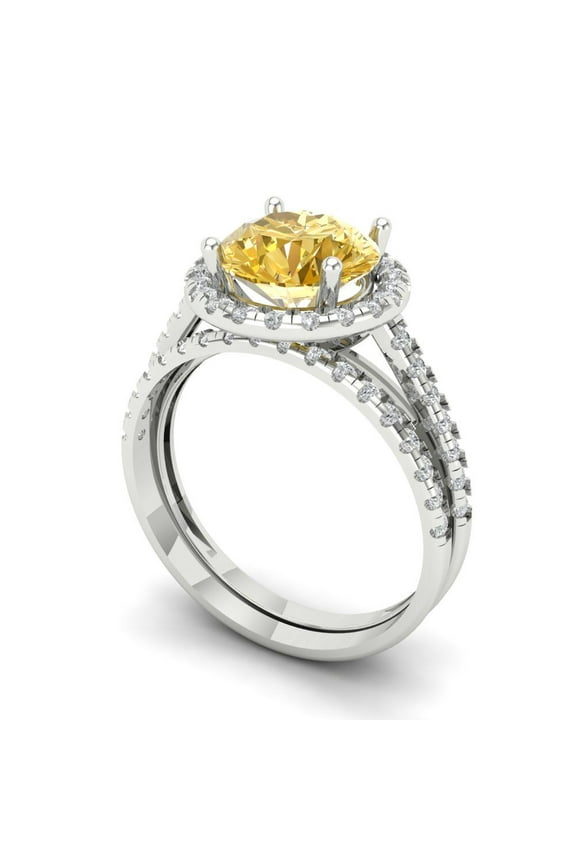 2.56 ct Brilliant Round Cut Yellow Moissanite 14k White Gold Halo Solitaire with Accents Engagement Bridal Wedding Ring Band Set size 6.5