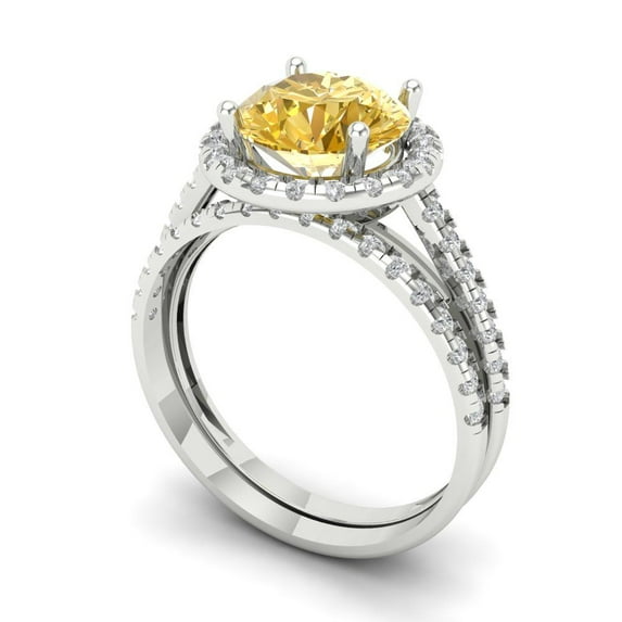 2.56 ct Brilliant Round Cut Yellow Moissanite 18K White Gold Halo Solitaire with Accents Engagement Bridal Wedding Ring Band Set size 9.25