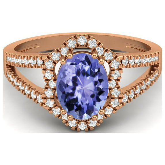 2.56 cts Tanzanite Split Shank 925 Sterling Silver Rose Vermeil Solitaire Halo Valentines Day Gifts Ring