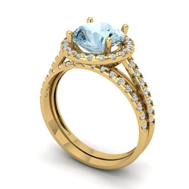 2.56ct Brilliant Round Cut Blue Zircon 14k Yellow Gold Halo Solitaire with Accents Engagement Bridal Wedding Ring Band Set