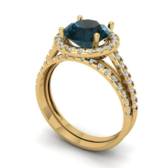 2.56ct Brilliant Round Cut Natural London Blue Topaz 18K Yellow Gold Halo Solitaire with Accents Engagement Bridal Wedding Ring Band Set size 10.25