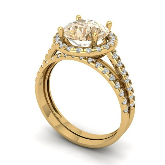 2.56ct Brilliant Round Cut Natural Morganite 14k Yellow Gold Halo Solitaire with Accents Engagement Bridal Wedding Ring Band Set size 8.75