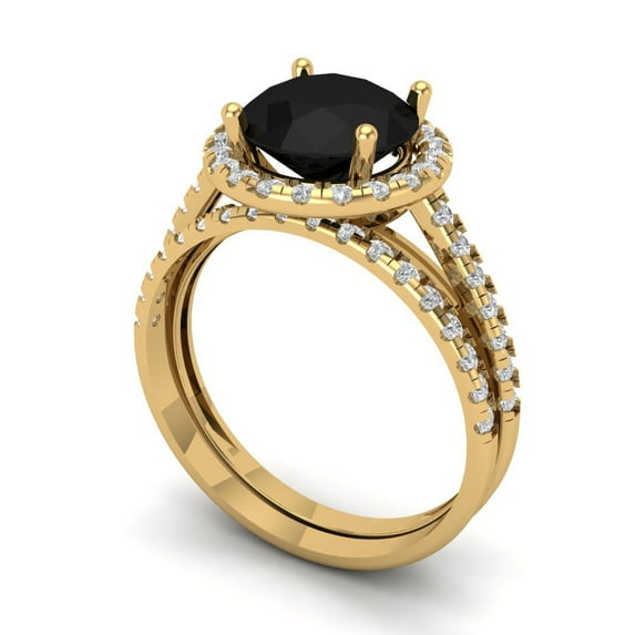 2.56ct Brilliant Round Cut Natural Onyx 18K Yellow Gold Halo Solitaire with Accents Engagement Bridal Wedding Ring Band Set size 4.75