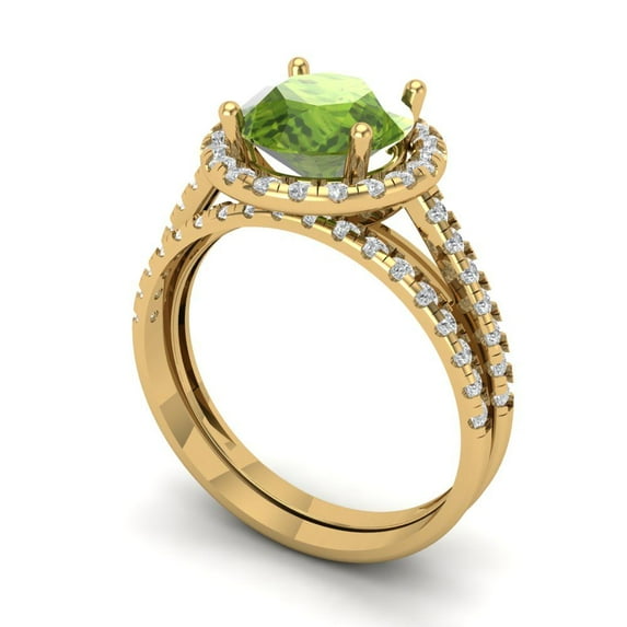 2.56ct Brilliant Round Cut Natural Peridot 18K Yellow Gold Halo Solitaire with Accents Engagement Bridal Wedding Ring Band Set size 8.5