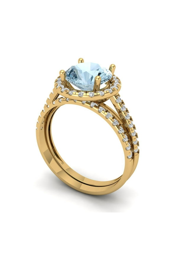 2.56ct Brilliant Round Cut Blue Zircon 14k Yellow Gold Halo Solitaire with Accents Engagement Bridal Wedding Ring Band Set size 10.5