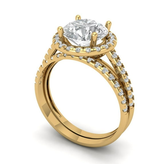 2.56ct Brilliant Round Cut Zircon 14k Yellow Gold Halo Solitaire with Accents Engagement Bridal Wedding Ring Band Set size 4